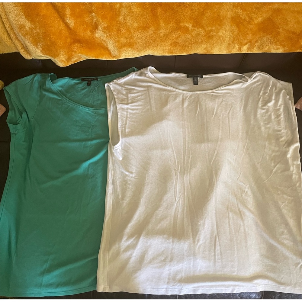 TWO Eileen Fisher Viscose White and Silk Teal Size Medium Tops
